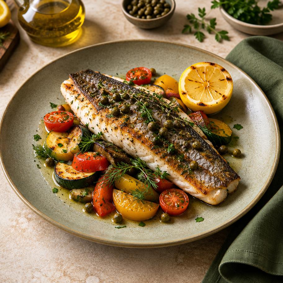 Sea bass with garden vegetables